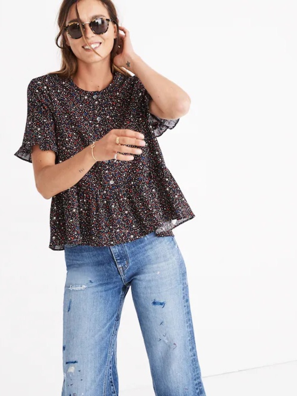 Madewell Studio Ruffle Hem Starry Night Button Peplum Top Size Small